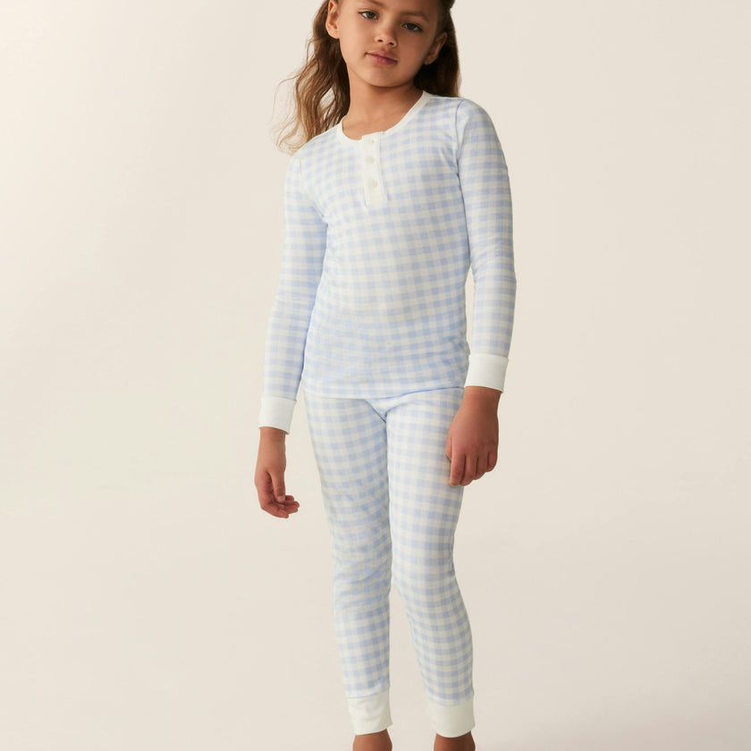 Kid's Pima Snug Fit Pajama Set in Light Blue Gingham