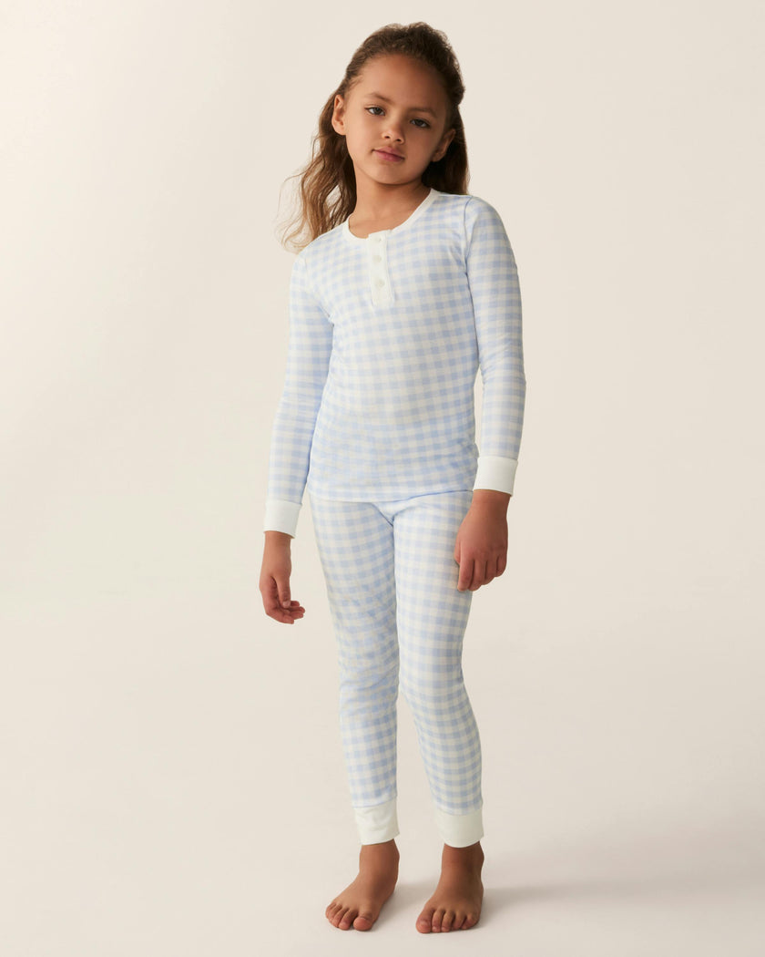 Kid's Pima Snug Fit Pajama Set in Light Blue Gingham