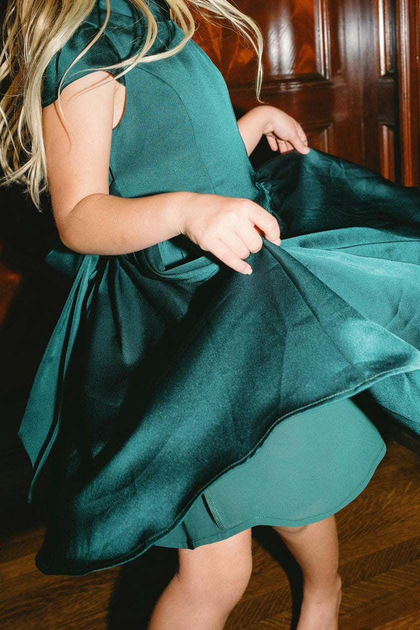 Mini Harriet Bow Dress in Emerald Satin
