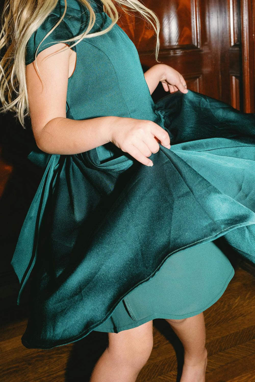Mini Harriet Bow Dress in Emerald Satin