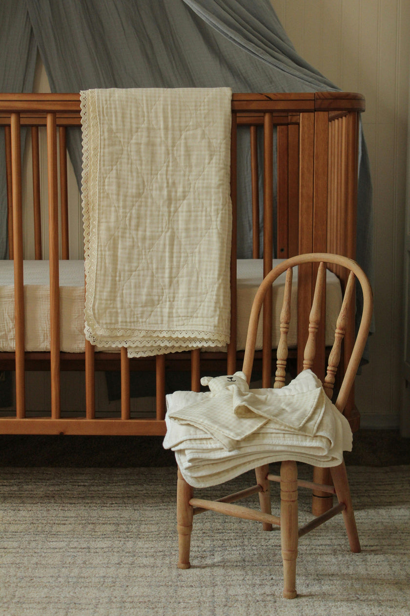 Cream Solids + Gingham Blanket + Bear Lovey SET
