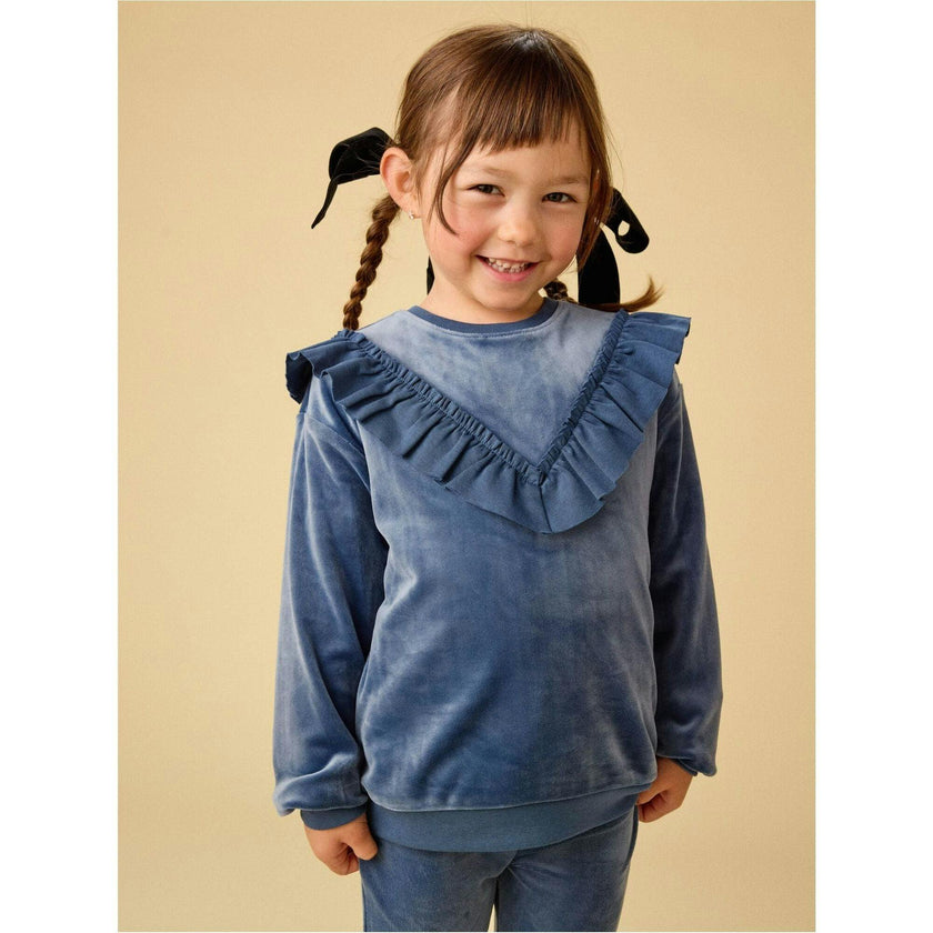 Velour Ruffle Tunic Top, Blue