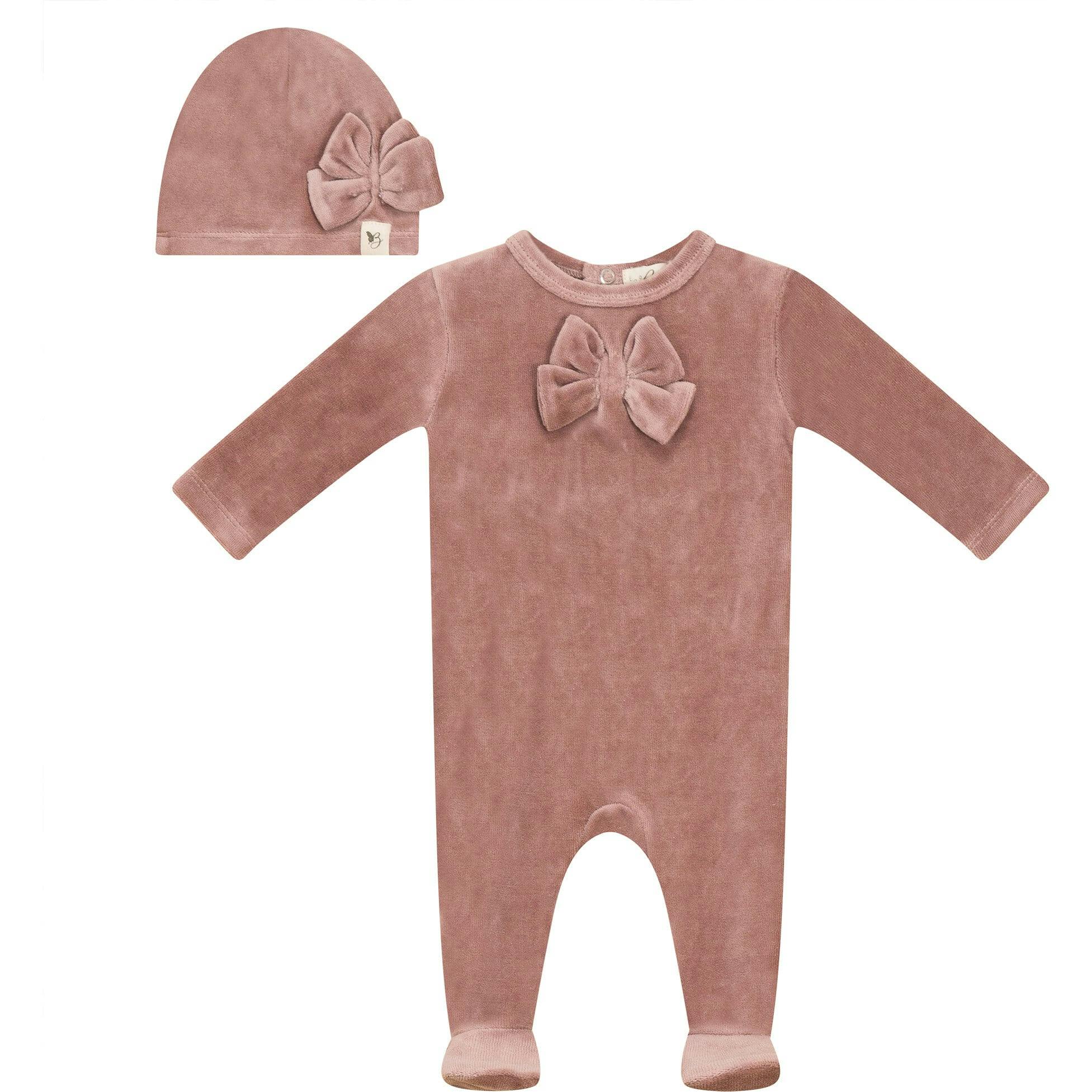 Bow Stitch Velour Onesie with Hat Rose
