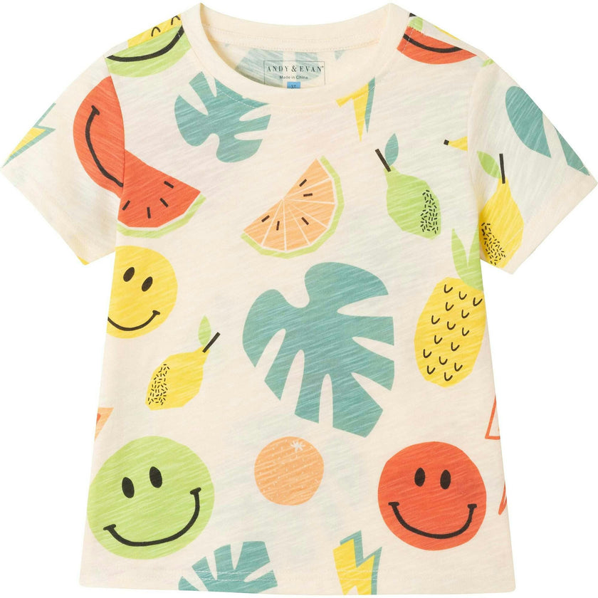 Kids Allover Fun Print Graphic Tee & Red French Terry Rib Short Set