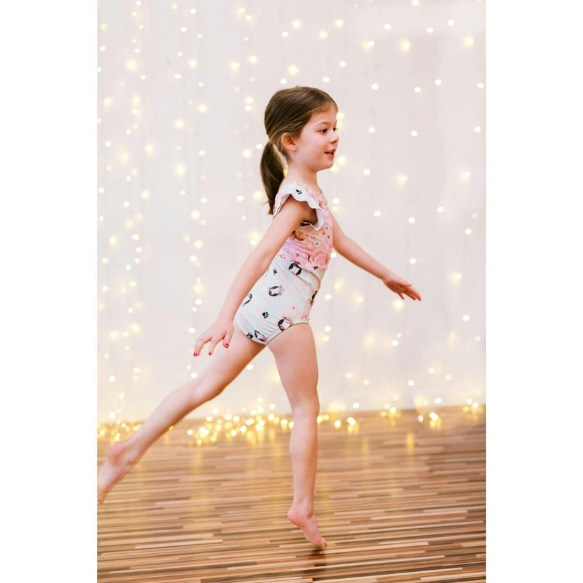 Two Tone Flutter Sleeve Leotard Western and Kitty Bows, Pink