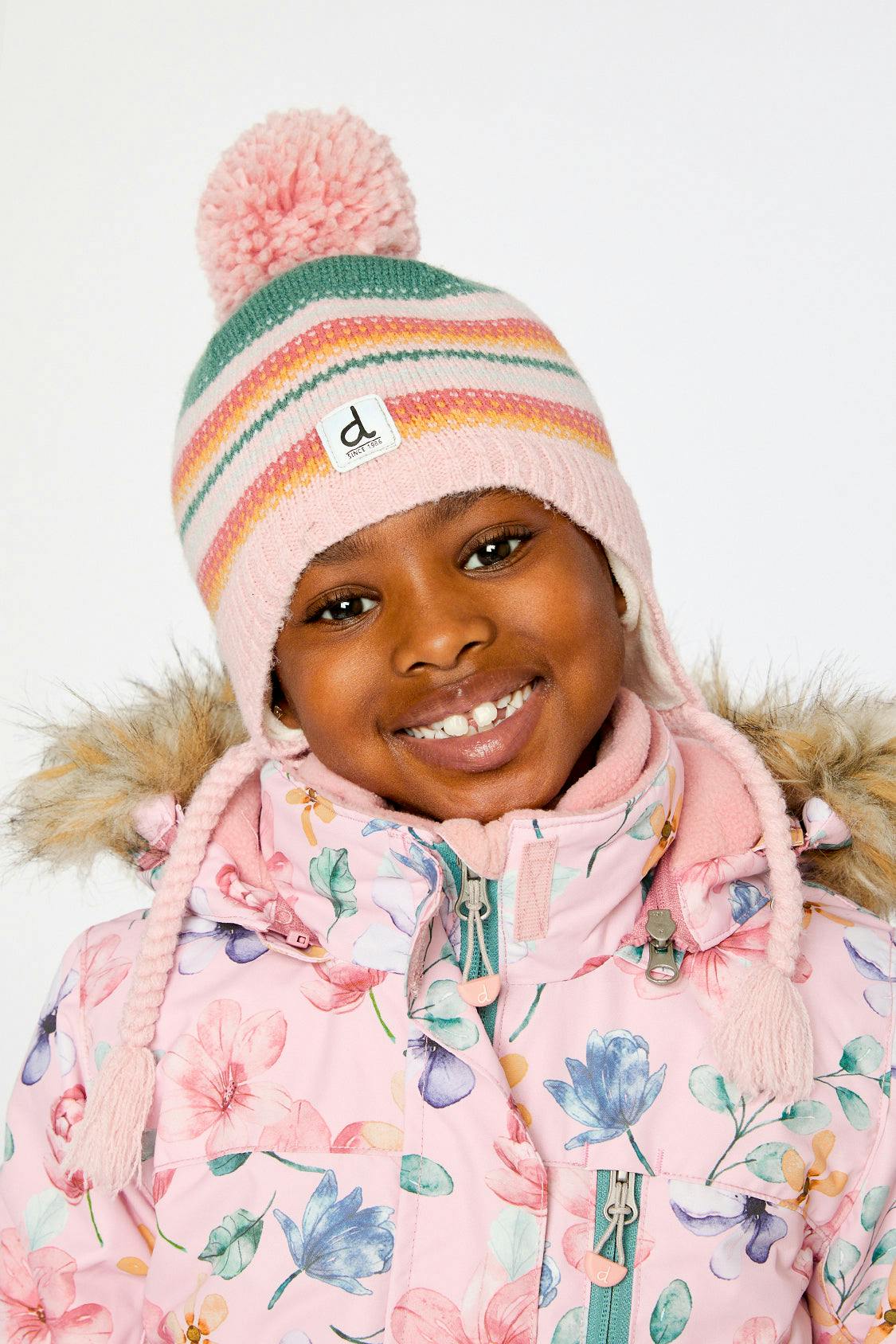 Winter Peruvian Knit Hat with Pompom Pink and Green Jacquard
