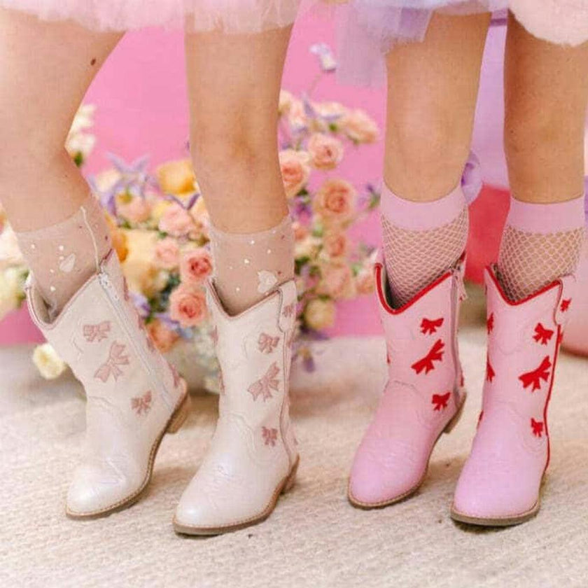 Cowgirl White + Pink Bow Boots, White