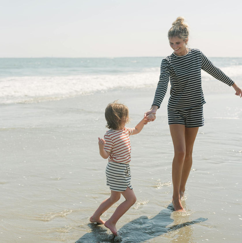 girls cream and navy stripe skirt with shorts