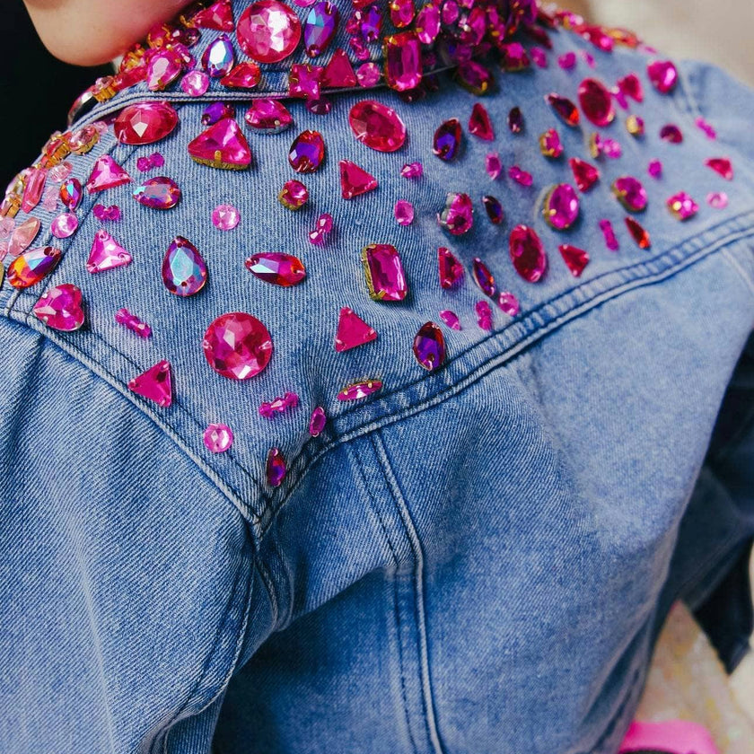 Sparkle Queen Rhinestone Gem Denim Crop Jacket