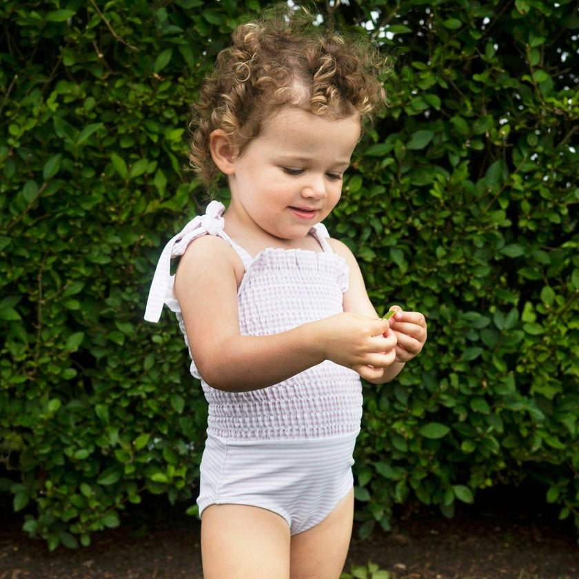 girls pink stripe tie smocked one piece