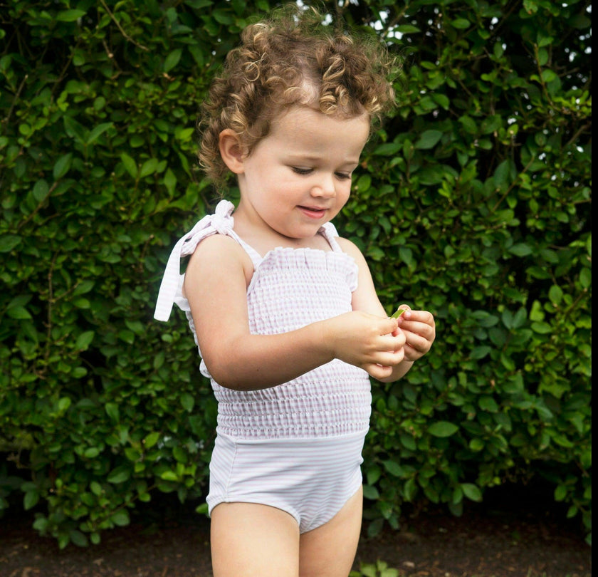girls pink stripe tie smocked one piece