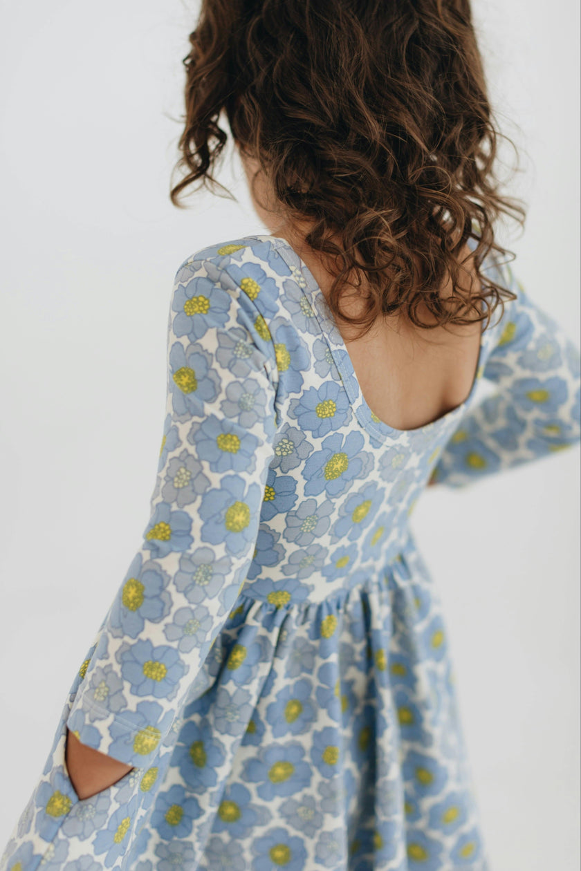 3/4 Sleeve Twirl Dress in Periwinkle Meadow