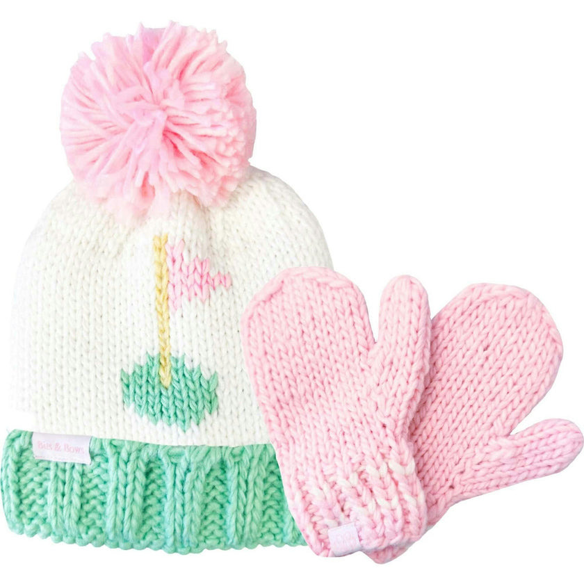 Golf Flag Bobble Hat/Mittens Bundle - Pink