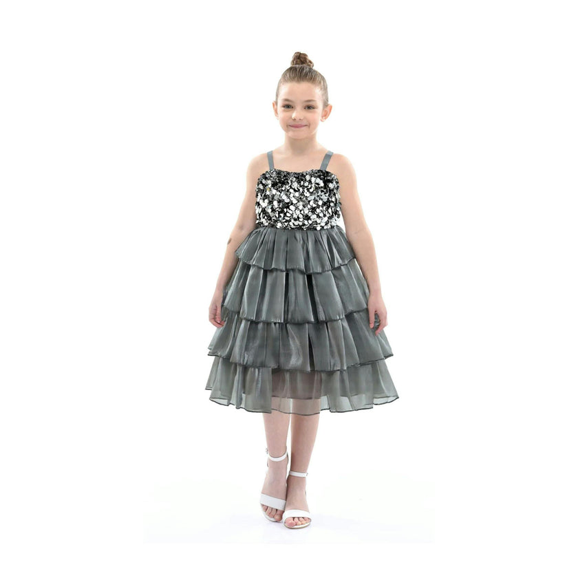 Grey Layered Tulle Sequin Sleeveless Dress