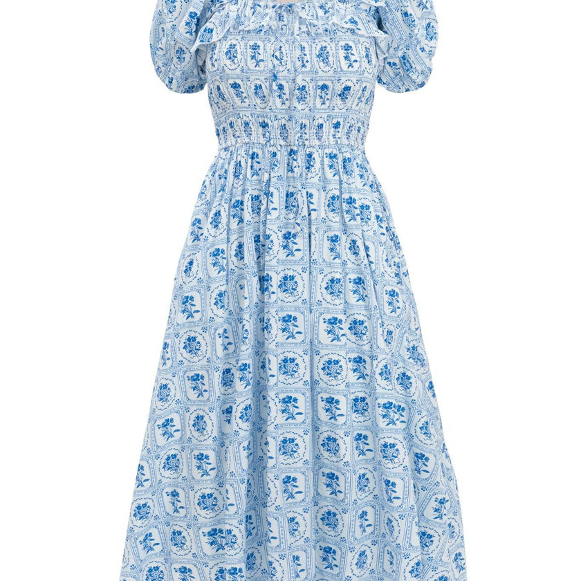 Mae Dress in Blue Floral Stamp