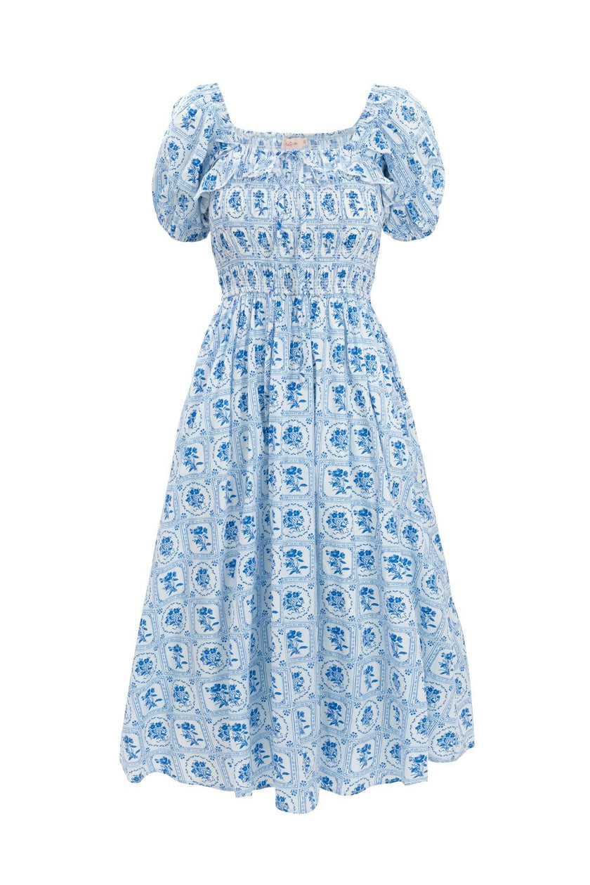 Mae Dress in Blue Floral Stamp