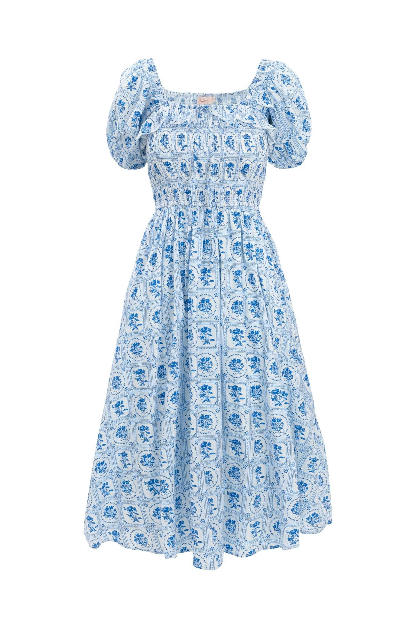 Mae Dress in Blue Floral Stamp