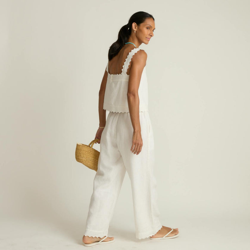 women's white scalloped linen beach pant