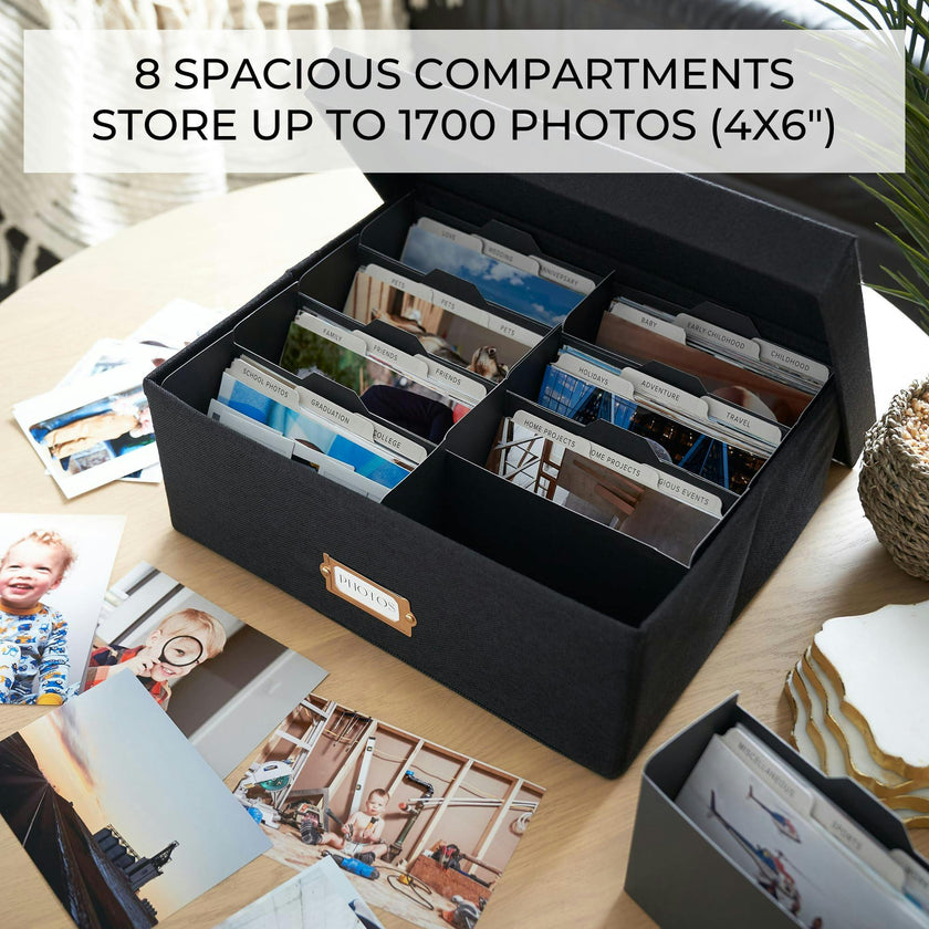 Decorative Photo Storage Box - Sturdy Linen Photo Organizer with Dividers - Stores Up to 850 4x6 Photos - Portable Scrapbook Storage Container with Lid