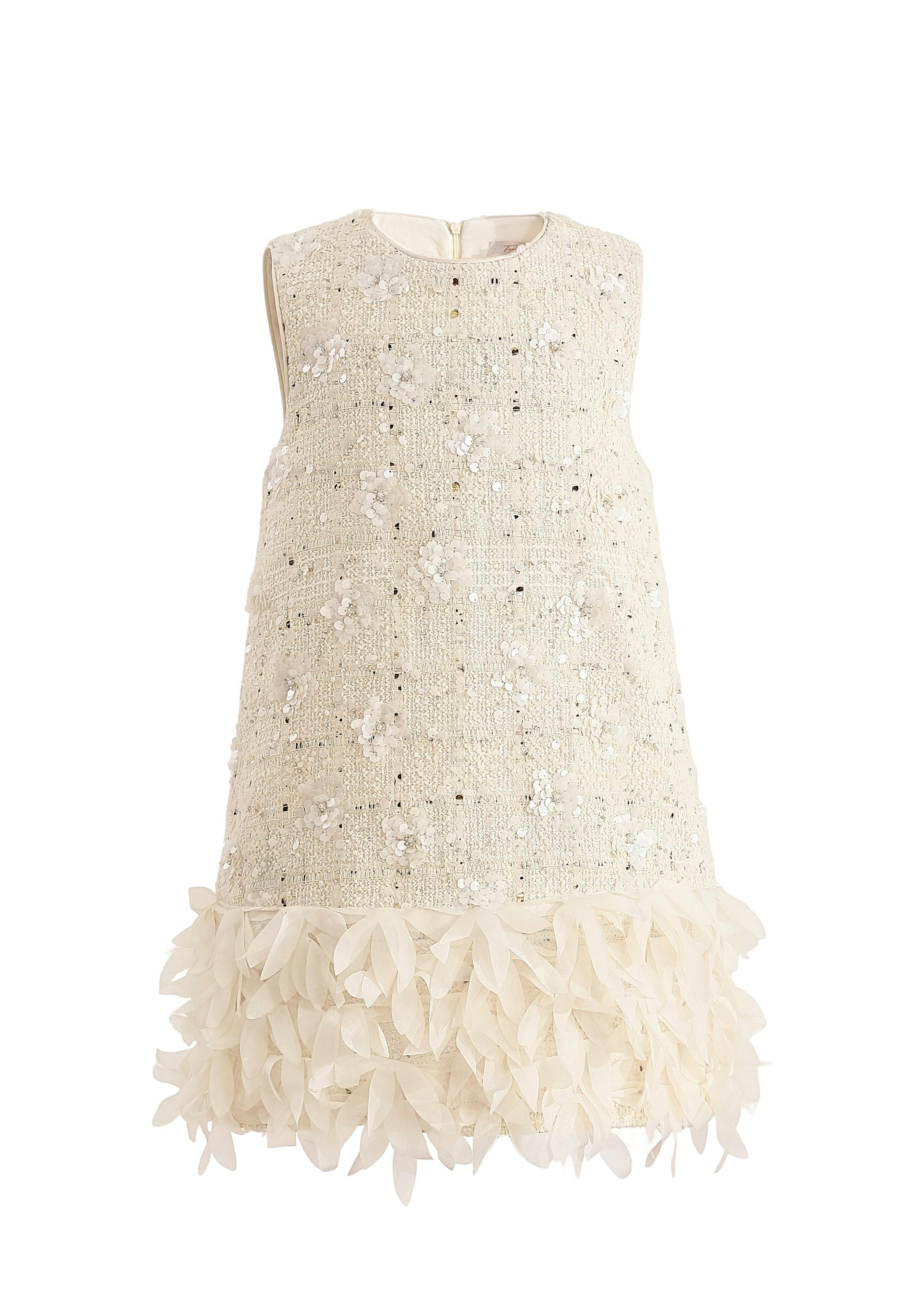 Cream Sequin Feather-Hem Dress