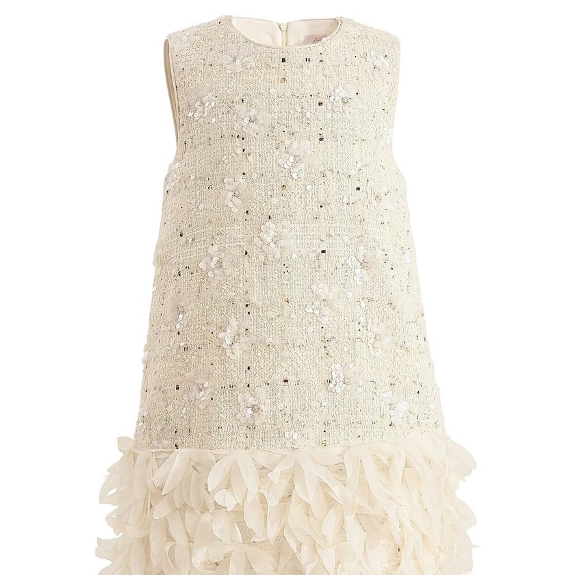 Cream Sequin Feather-Hem Dress