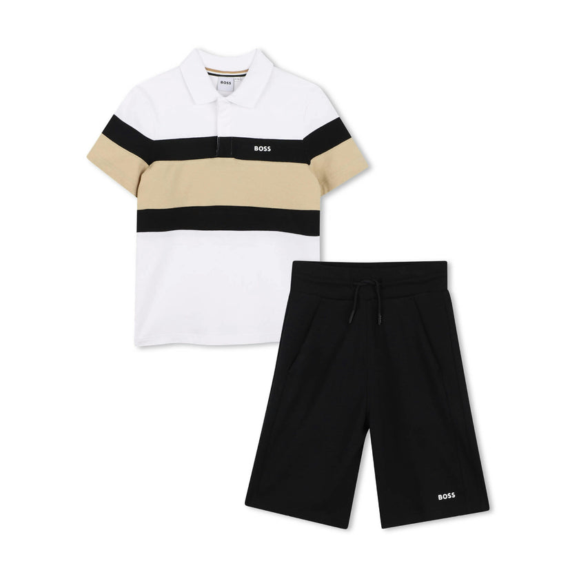 Black & Beige Striped Polo Set