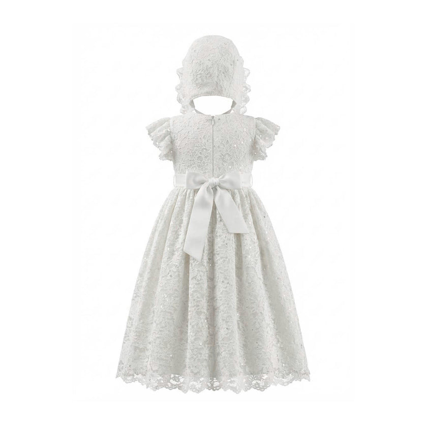 White Velloria Lace Christening Dress with Bonnet