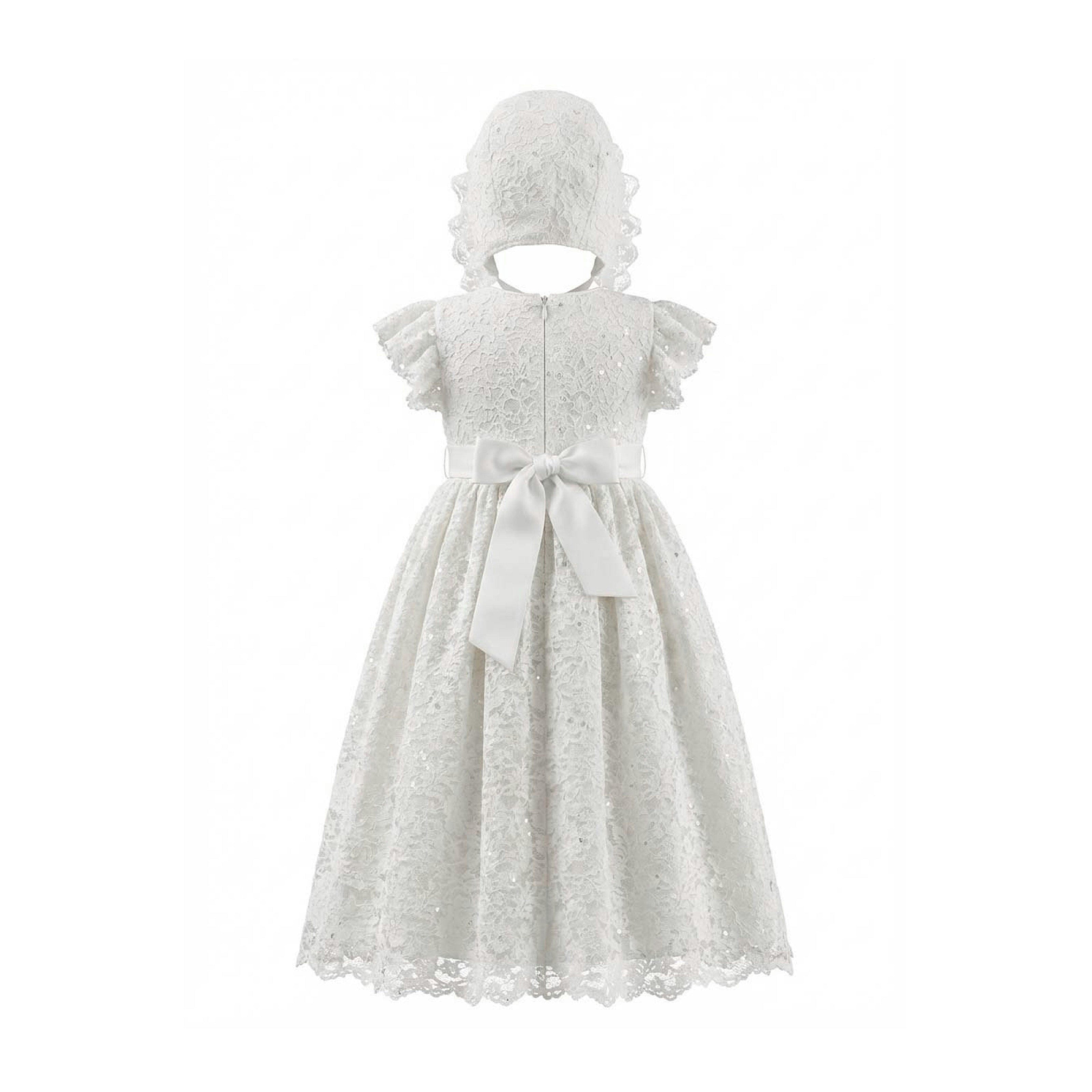 White Velloria Lace Christening Dress with Bonnet