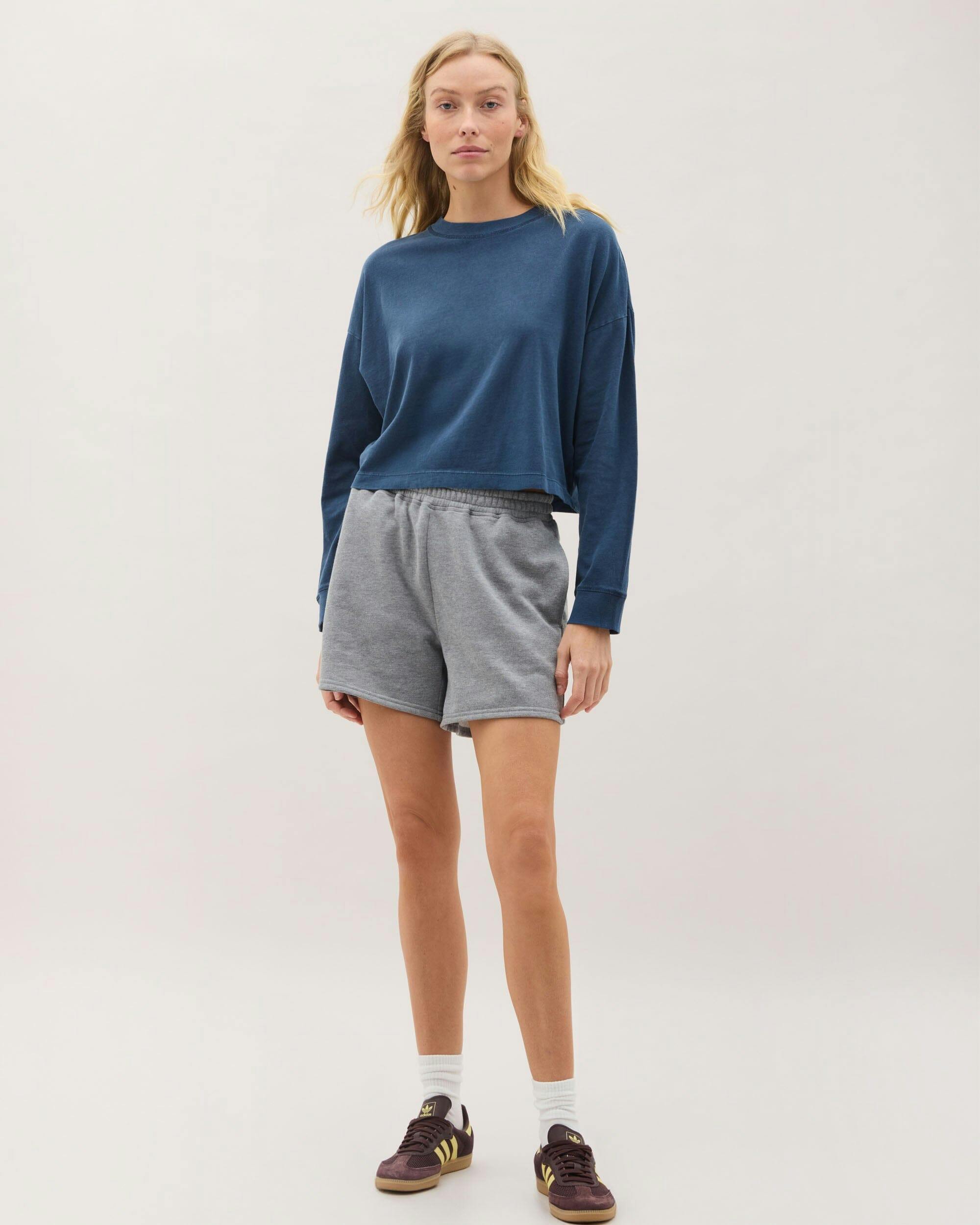 Womens Relaxed Crop Long Sleeve Tee - Pigment Dye Jersey - Moonlit Ocean