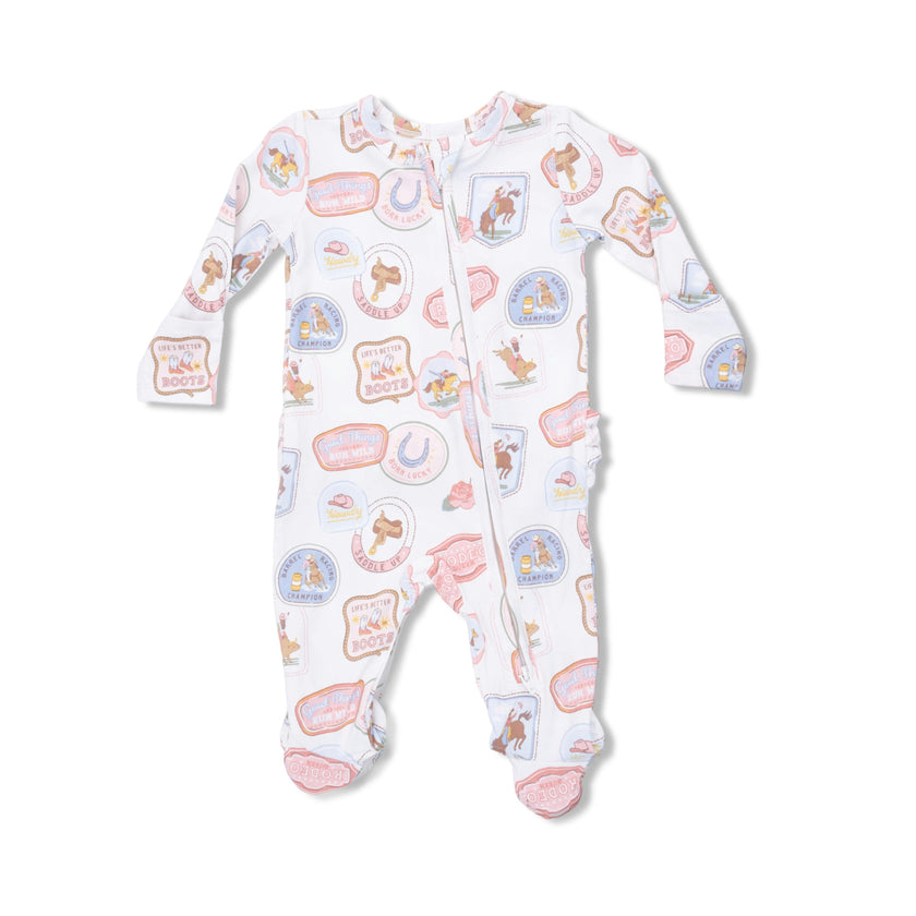 Rodeo Patches Pink - 2 Way Ruffle Back Zipper Footie