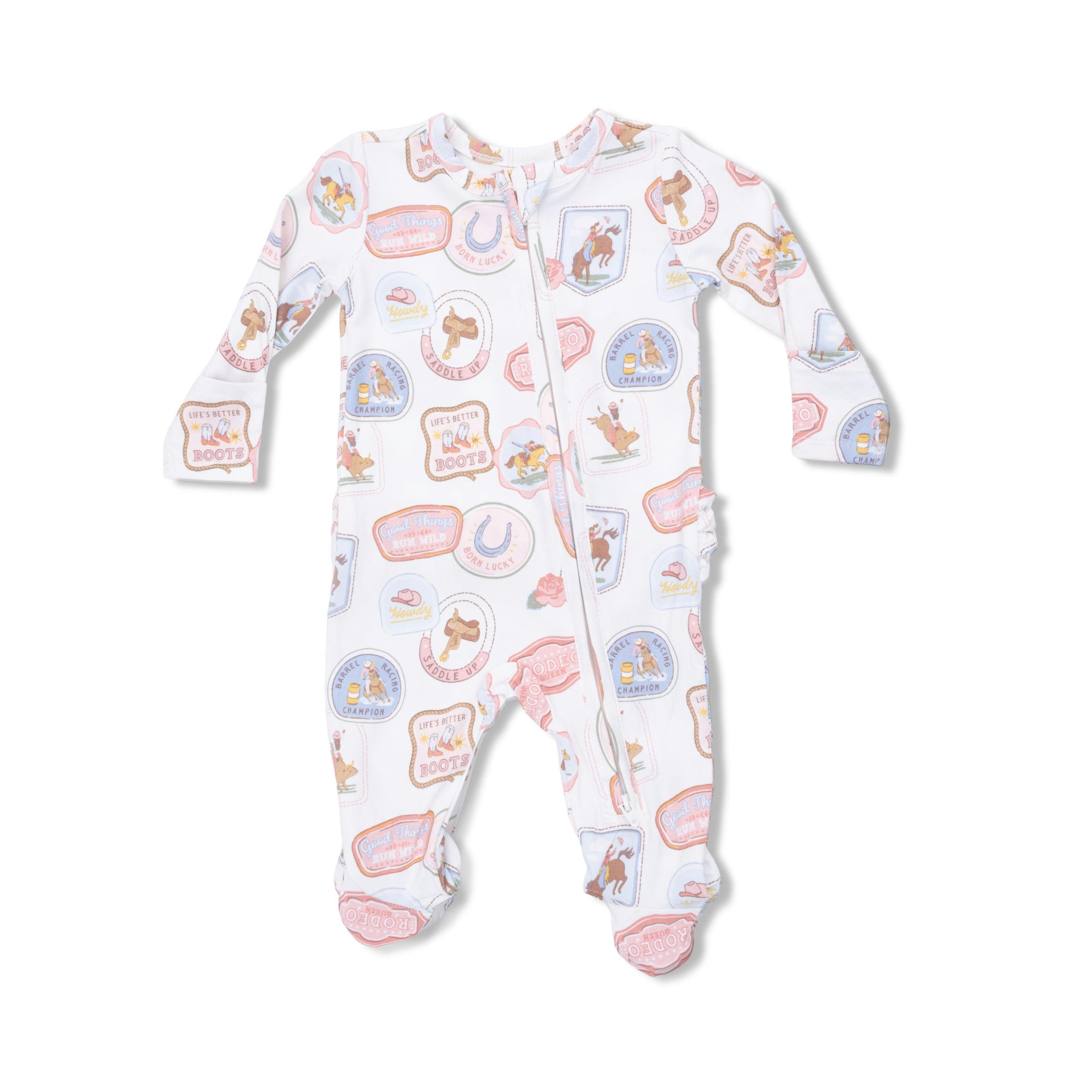 Rodeo Patches Pink - 2 Way Ruffle Back Zipper Footie