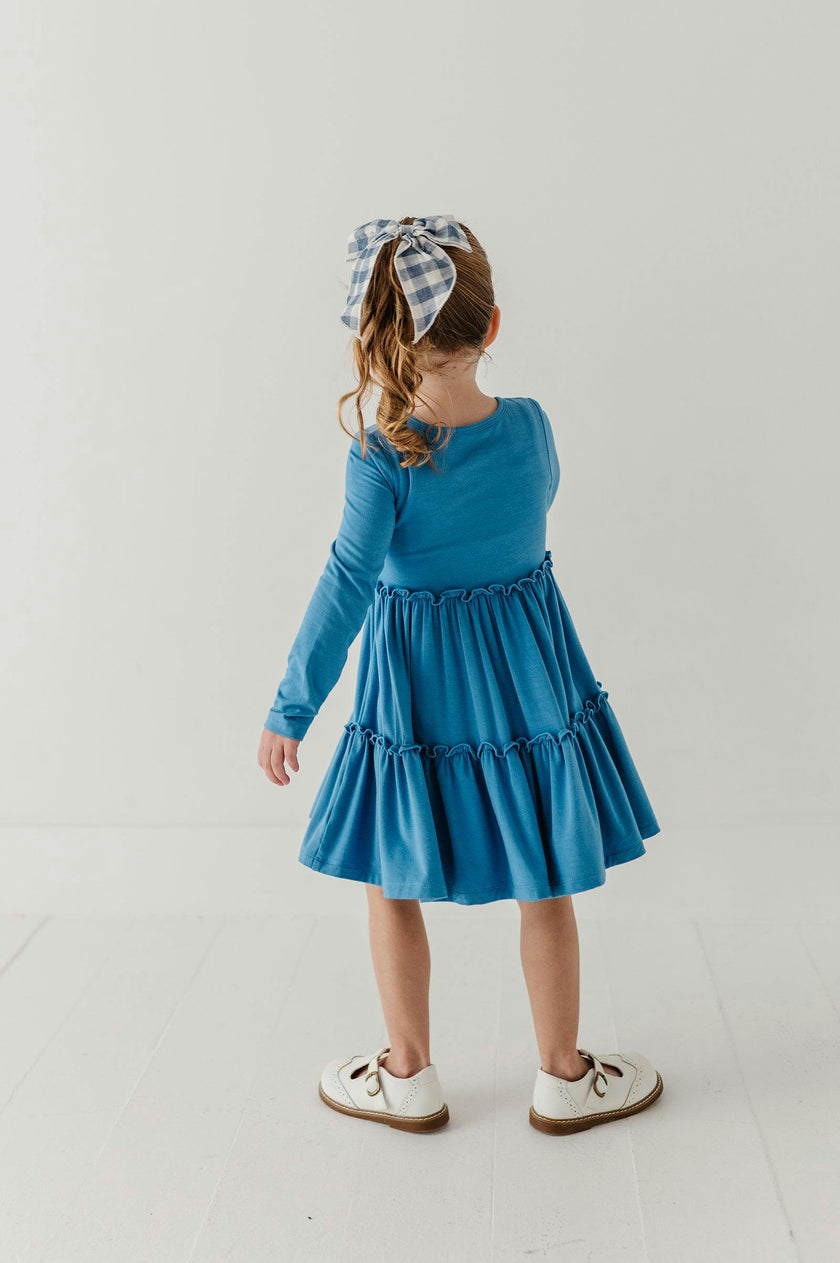 Girls Long Sleeve Double Tiered Dress in Stonewash