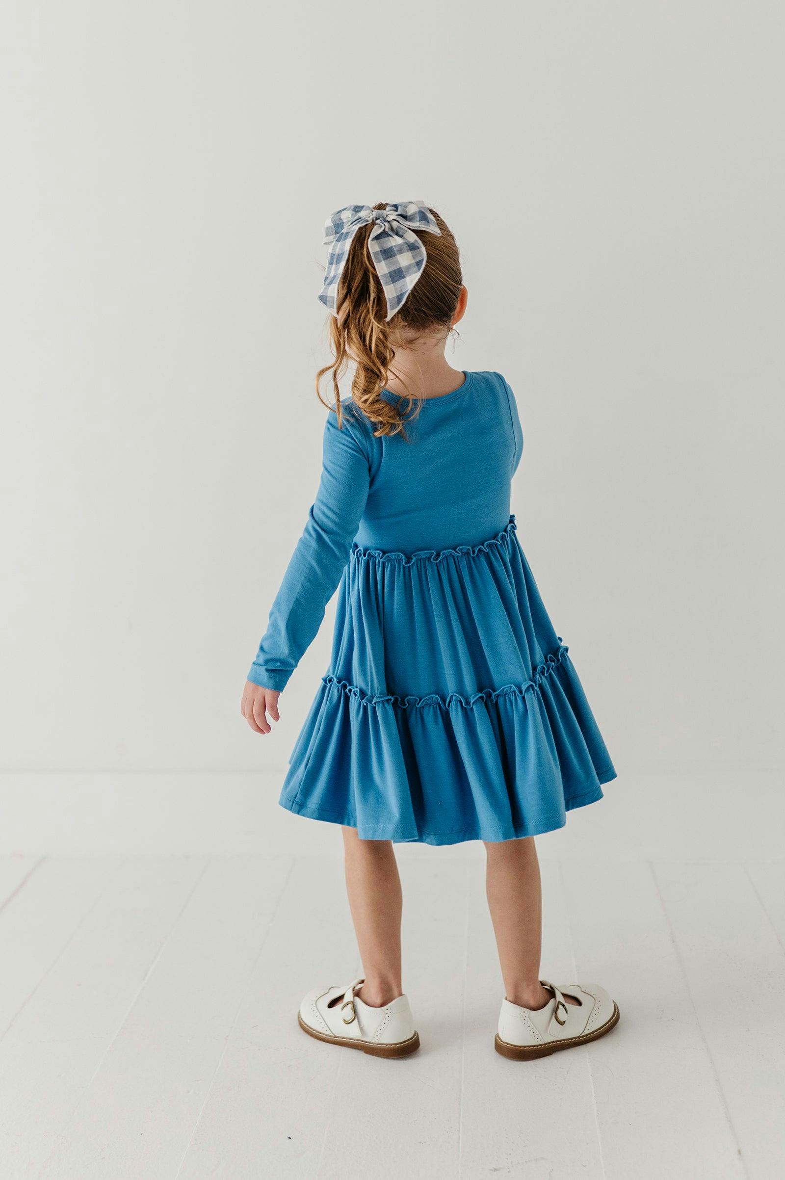 Girls Long Sleeve Double Tiered Dress in Stonewash