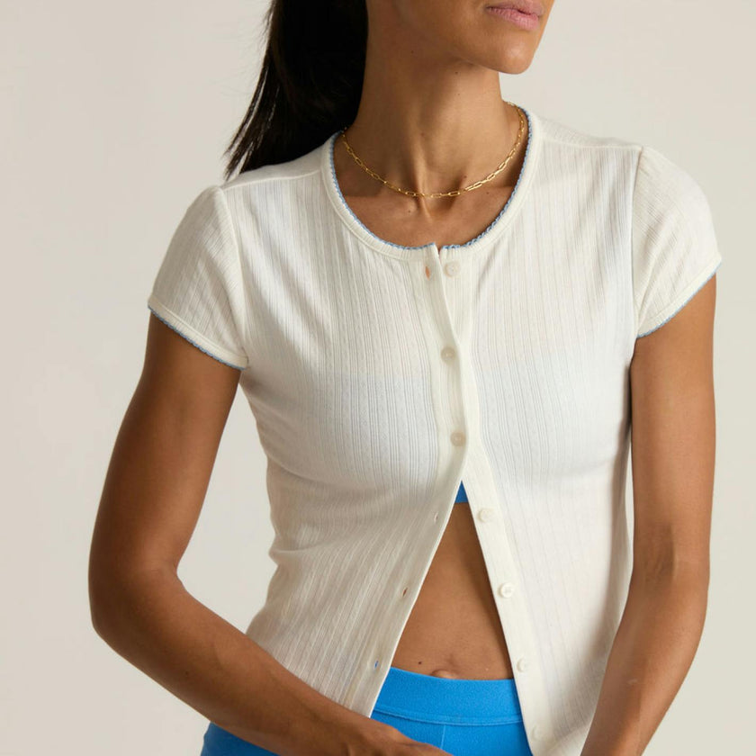 women's white pointelle short sleeve cardigan