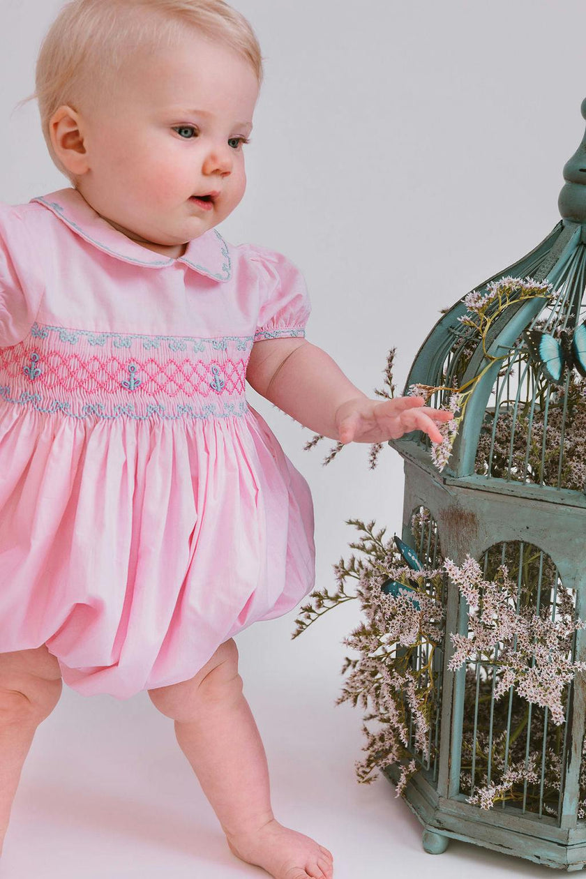 Princess Charlotte Pink Hand-Smocked Bubble Romper