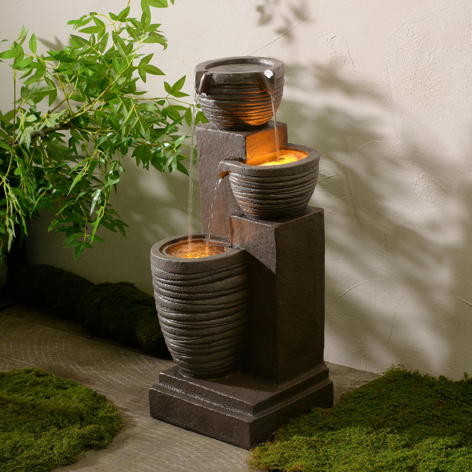 Teamson Home Horizontal Ribbed Pattern Outdoor Water Fountain with Warm Glow Lighting