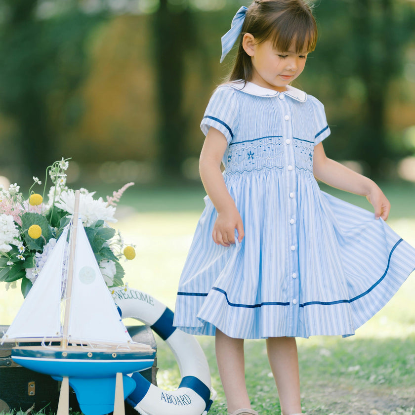 Riviera Blue Stripe Short Sleeve Smocked Dress