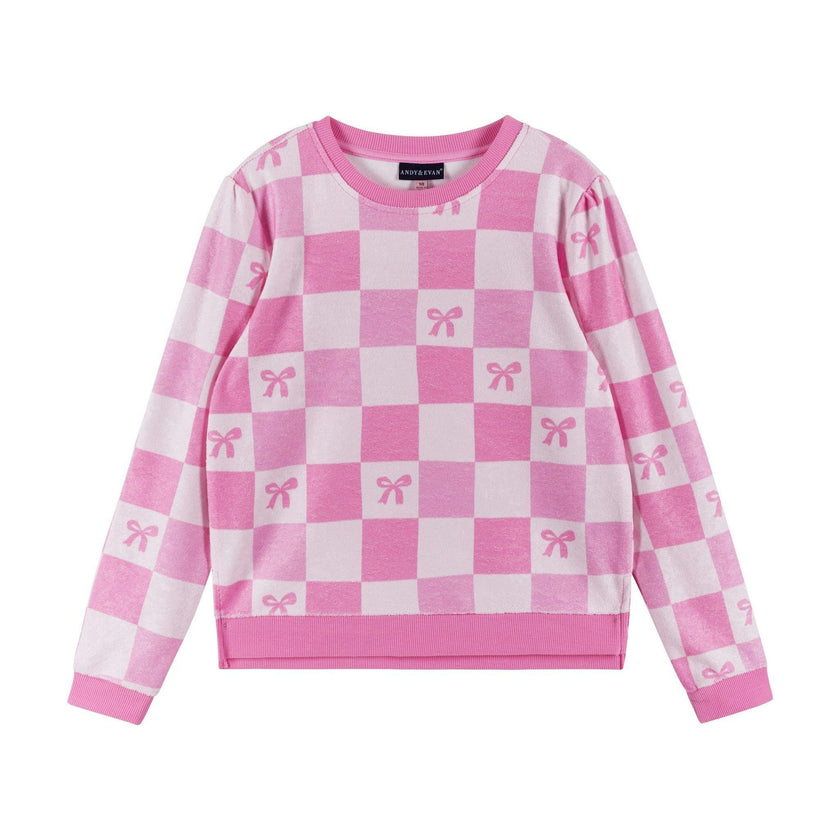 Tween Girls Terry Pull-Over & Short Set | Checkered Bow