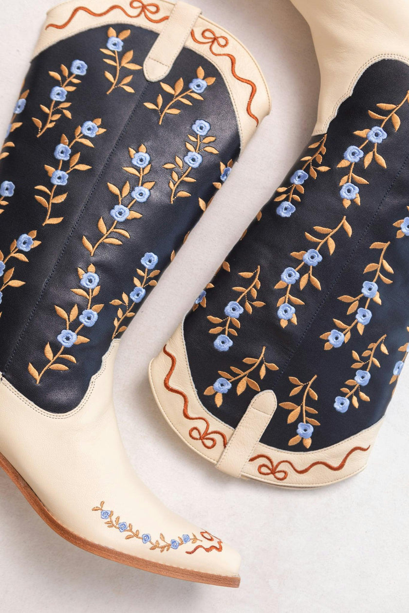 Rosemary Cowgirl Boots in Cream & Navy