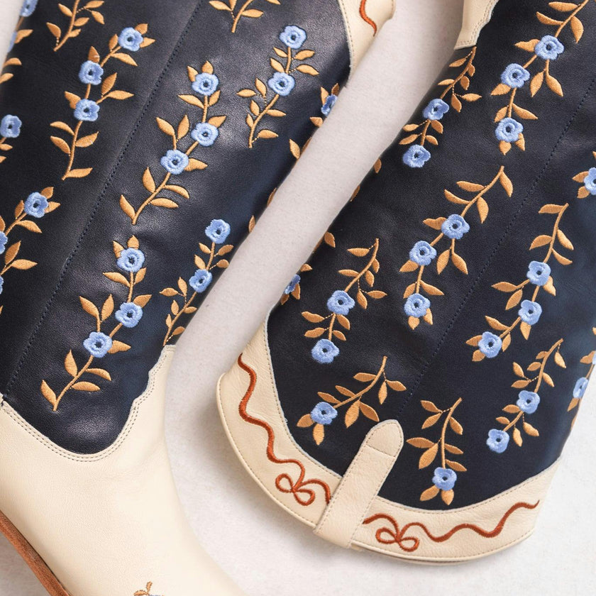 Rosemary Cowgirl Boots in Cream & Navy