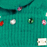 Packed Party Decked in Emerald Rhinestone Beanie and Mittens Set - Double-Layer Rib Knit with Multicolor Rhinestones and Fingerless Gloves, One Size Fits All