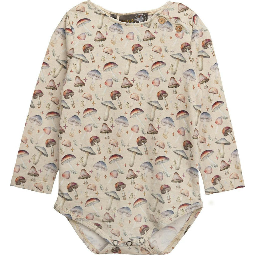 Mushroom Print Long-Sleeve Romper, Beige