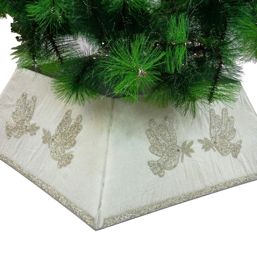 Hand Beaded Adjustable Christmas Tree Collar - Doves White Silk Arcadia Home