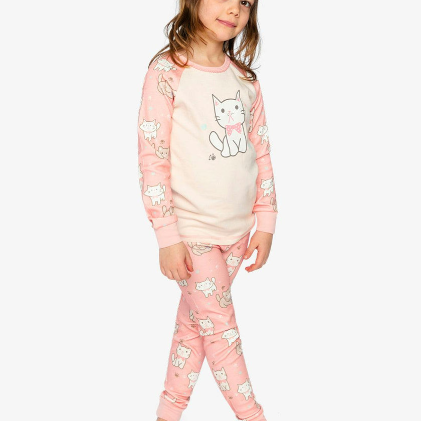 Organic Cotton Two Piece Pajama Set Pink Cat Print