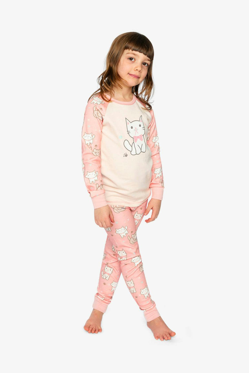 Organic Cotton Two Piece Pajama Set Pink Cat Print