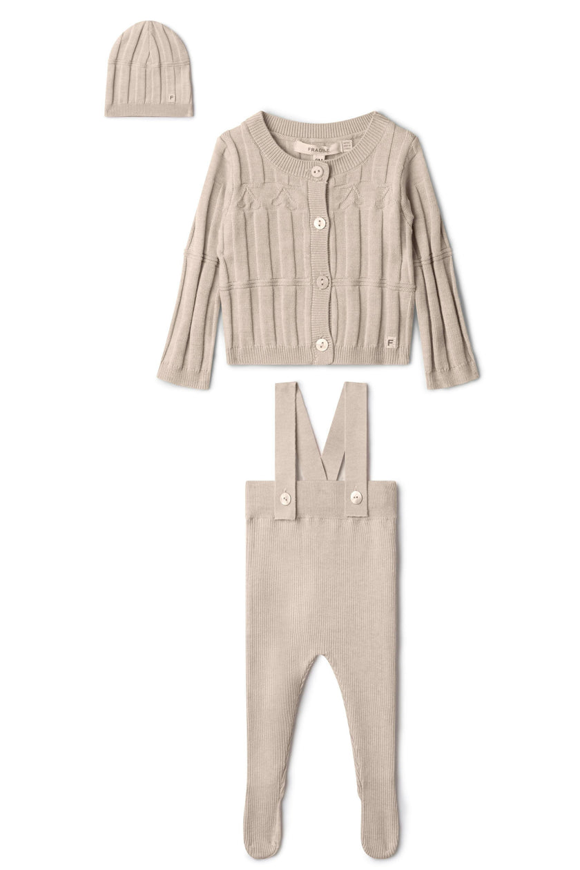 High Waist Knit Overalls, Cardigan, and Hat Three Piece Set
