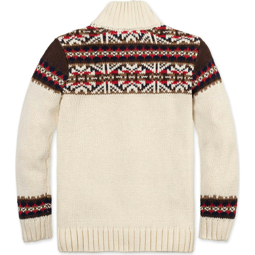 Organic Long Sleeve Full Zip Mock Neck Intarsia Sweater, Brown