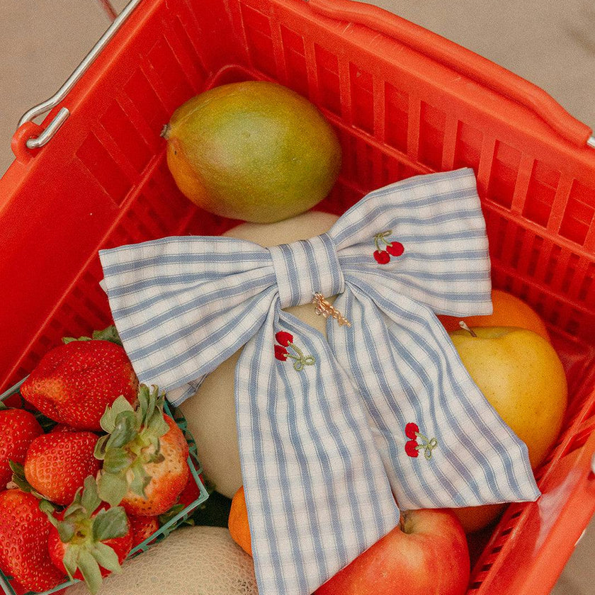 CHERRY BLUE GINGHAM MIDI BOW