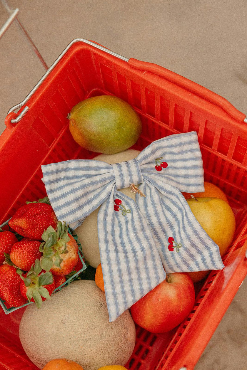 CHERRY BLUE GINGHAM MIDI BOW