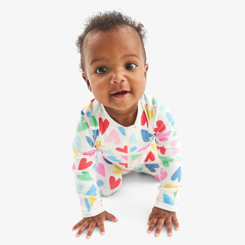 Baby organic zip footie in rainbow candy hearts
